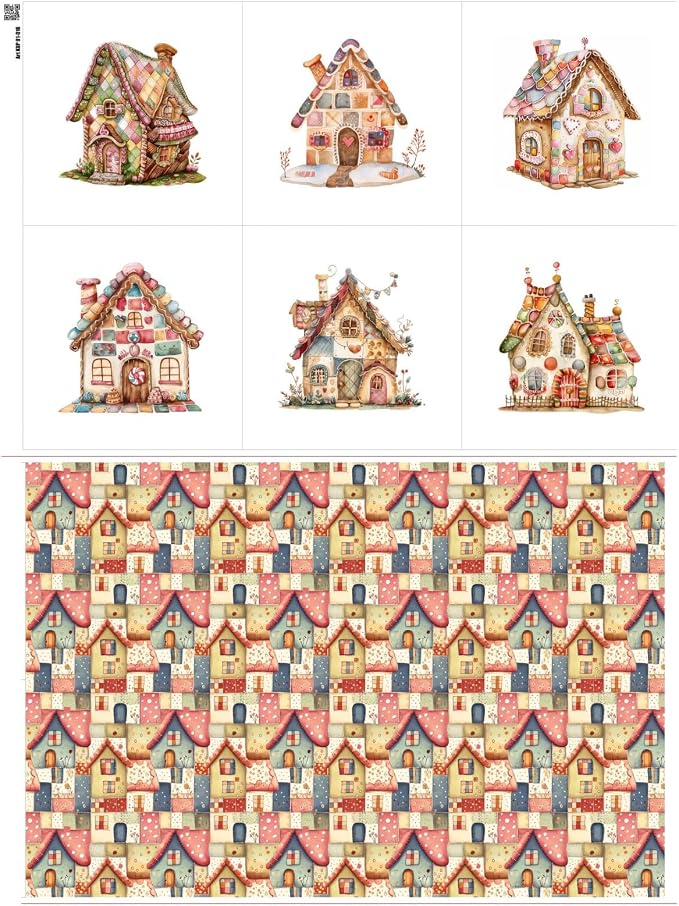 Patchwork Fairy Cottage Cotton Fabric Panel – 6 Designs (10×10 inch Each) + Bonus Sheet 29.5×19.6 inch, 100% Cotton 140 GSM, Made in Türkiye