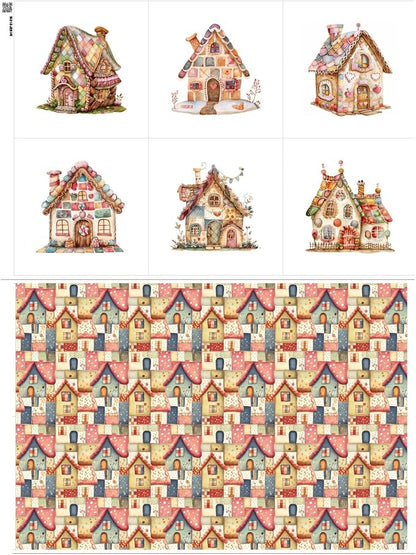 Patchwork Fairy Cottage Cotton Fabric Panel – 6 Designs (10×10 inch Each) + Bonus Sheet 29.5×19.6 inch, 100% Cotton 140 GSM, Made in Türkiye