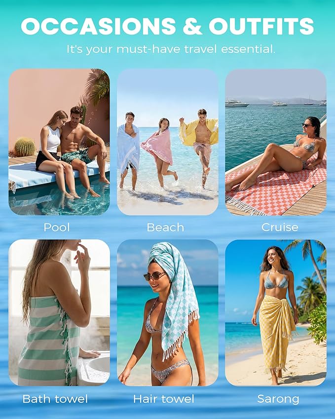 4 Packs Checkered Plaid Turkish Beach Towel Beach Blanket Sandproof Fast Drying Extra Large Match Tote Bag Lounge Chair Umbrella Tent Dress Toys Canopy Outfits Dresses Shirt Cooler Packpack Table