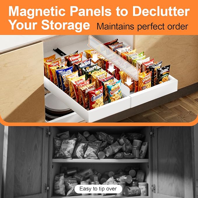 YJHome 1 Pack Pull Out Cabinet Organizer, No Drill Expandable Width 12"-20" & 21" Depth, Adhesive or Screw-In Installation, Magnetic Divider for Custom Storage, for Kitchen Pantry Bathroom Cabinet