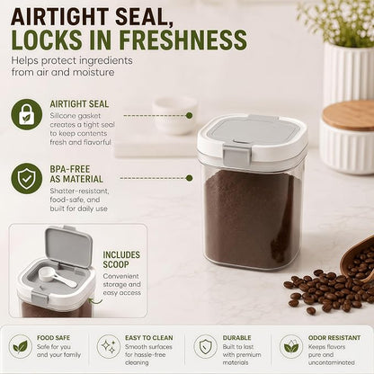 Airtight Brown Sugar Container with Spoon - 44 Fl Oz (1.3L) Clear Storage Jar for Pantry - BPA-Free AS Material Perfect for Ground Coffee (Holds 19 oz Weight), Beans, Flour & Tea