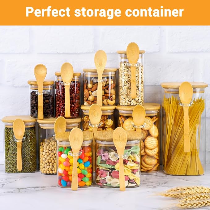 Glass Storage Jars with Airtight Lid - 4 Pack 37 Fl.oz Square Glass Jars with Bamboo Lids and Spoon, Includes Labels and Marker, Large Kitchen Canisters for Cereal, Flour, Sugar Coffee Container