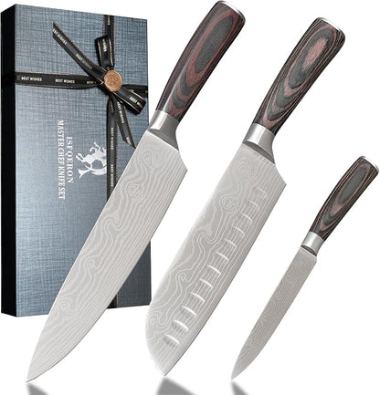 3 Piece Set of Professional Chef Knives, Forged From High Carbon Stainless Steel, with Extremely Sharp Blades and Ergonomic wooden Handles to Meet Various Cutting Needs (Kitchen Knife Set 3 Pcs)