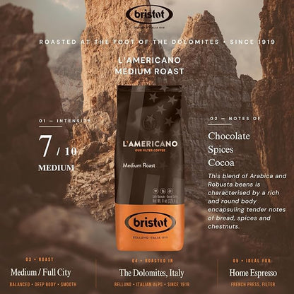 Bristot L‘americano Filter Coffee | Medium Roast Ground Filter Coffee | For Pour-over/French Press/Drip Coffee | 8oz/226.8