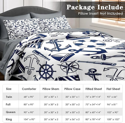 Pamnest Comforter Set Queen Size, Nautical Anchors Navy Blue 7 Pcs Bedding for Kids and Adults, Retro Sailor Lighthouse Bed Sheet Sets with Fitted Sheet 2 Pillowcase & 2 Sham for Bedroom Bed Decor
