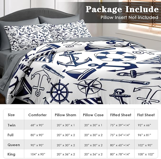 Pamnest Comforter Set King Size, Nautical Anchors Navy Blue 7 Pcs Bedding for Kids and Adults, Retro Sailor Lighthouse Bed Sheet Sets with Fitted Sheet 2 Pillowcase & 2 Sham for Bedroom Bed Decor
