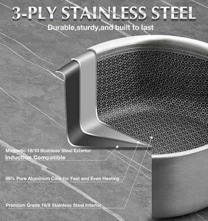 KOCH SYSTEME CS Hybrid Nonstick Stainless Steel Saucepan Set with Steamer Insert, 7PCS Triply Stainless Steel Pot Set 1Qt, 2Qt & 3Qt, 18/10 Steel Sauce Pan Set with Lids, Induction & Oven Safe
