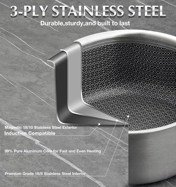 KOCH SYSTEME CS Hybrid Nonstick Stainless Steel Sauce Pan 3QT, Tri-ply Stainless Steel Pot with Honeycomb Interior, Hybrid Sauce Pan with Lid, 18/10 Steel Pot, Induction Compatible