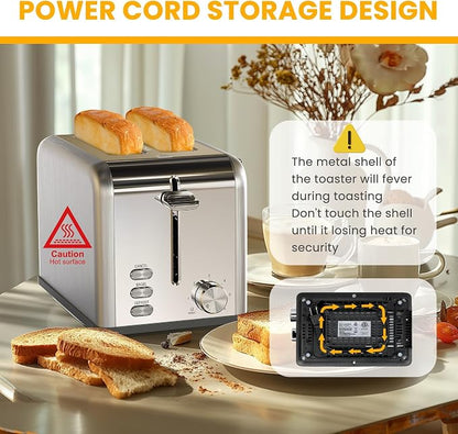 Simple Deluxe 2-Slice Toaster, Stainless Steel Toaster, 6 Browning Setting and 3 Function, Extra Wide Slot & Removable Crumb Tray, for Bread & Waffle, Silver