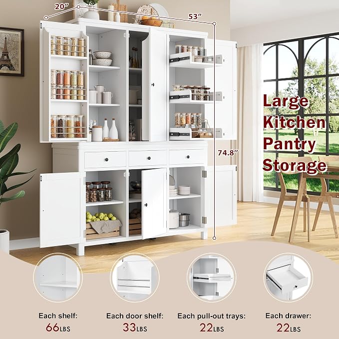 74.8''H High Freestanding Kitchen Pantry, Wooden Kitchen Organizers Cupboard Storage Cabinet with Door Shelves, Adjustable Shelves, Pull-out Trays and Drawers for Dining Room Living Room (White-2.12)