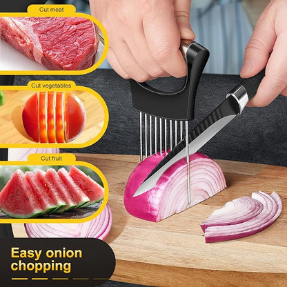 Premium Onion Slicer, Stainless Steel Onion Holder for Slicing, Kiwifruit, Tomatoes, Avocados, Eggs, Lemon, Meat, Potato, Third Generation Onion Cutter with Protective Cover
