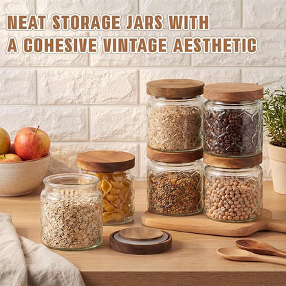 Suclain 6 Pcs 17 OZ Vintage Glass Jar with Acacia Wood Lids Airtight Glass Storage Canisters Kitchen Spice Jars Food Storage Containers for Pantry Coffee Grains Tea Sugar Flour(Lantern)