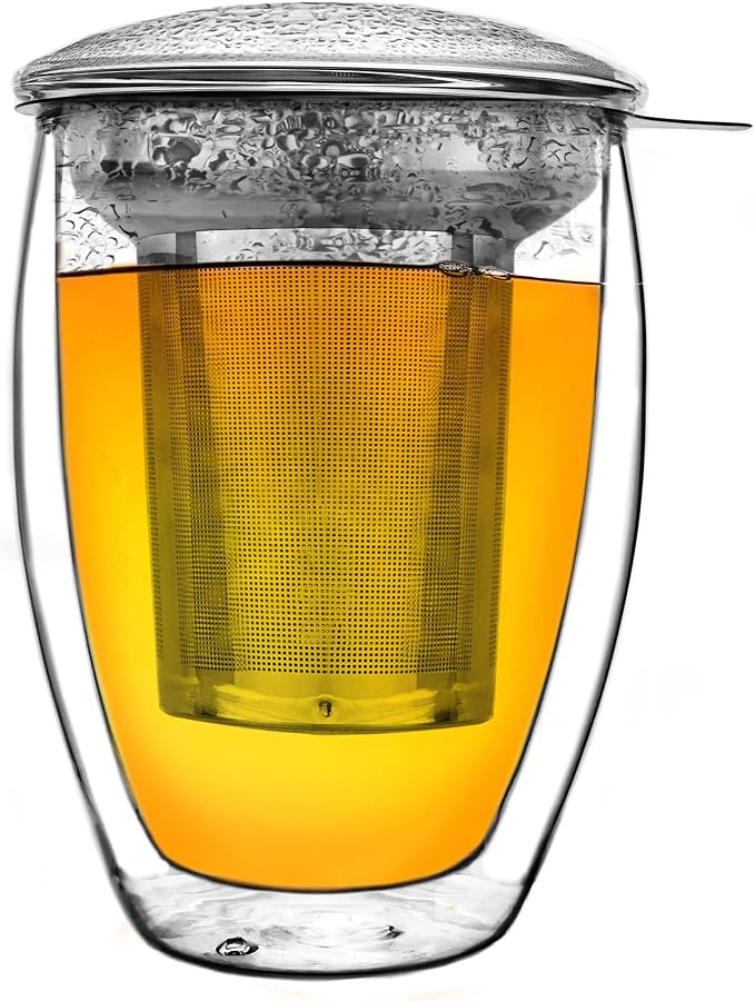 Creano Double Walled Tea Glass with Stainless Steel Filter and Glass Lid - 14oz (400ml)