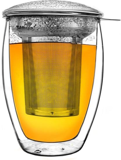 Creano Double Walled Tea Glass with Stainless Steel Filter and Glass Lid - 14oz (400ml)