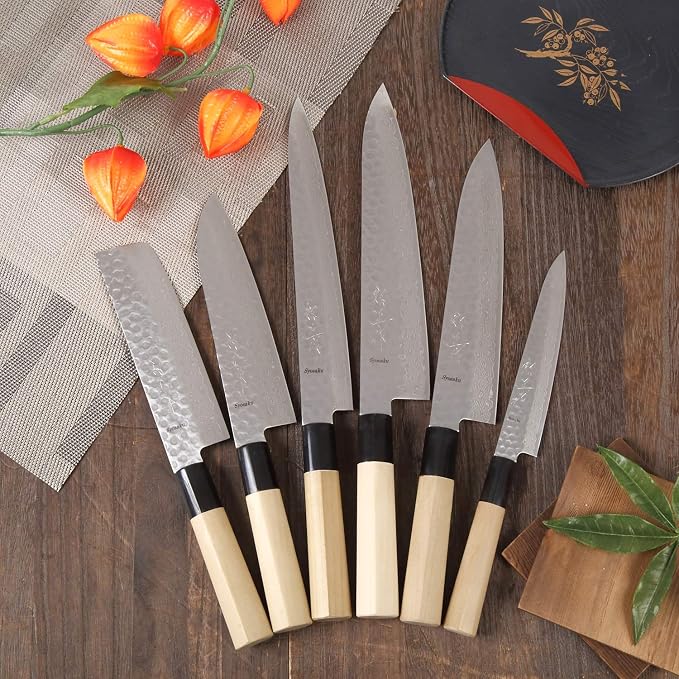 Japanese Vegetable Knife Hammered Damascus VG-10 46 Layer D-Shape Magnolia Wood Handle, Nakiri 6.3-inch (160mm)