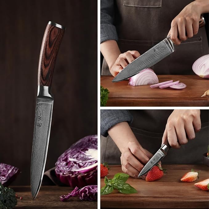 Wakoli EDIB 5-Piece Damascus Knife Set, Professional Kitchen Knives made of 67-Layer Damascus Steel with VG10 Core Blades, Ergonomic Pakkawood Handles, In Wooden Gift Box