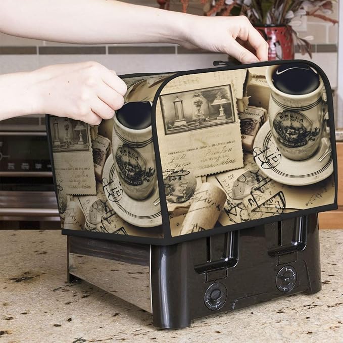 Vintage Coffee 4 Slice Toaster Cover Wide Slot Dustproof Bread Maker Cover Fingerprint Bakeware Protection Kitchen Appliance Cover Toaster Bag