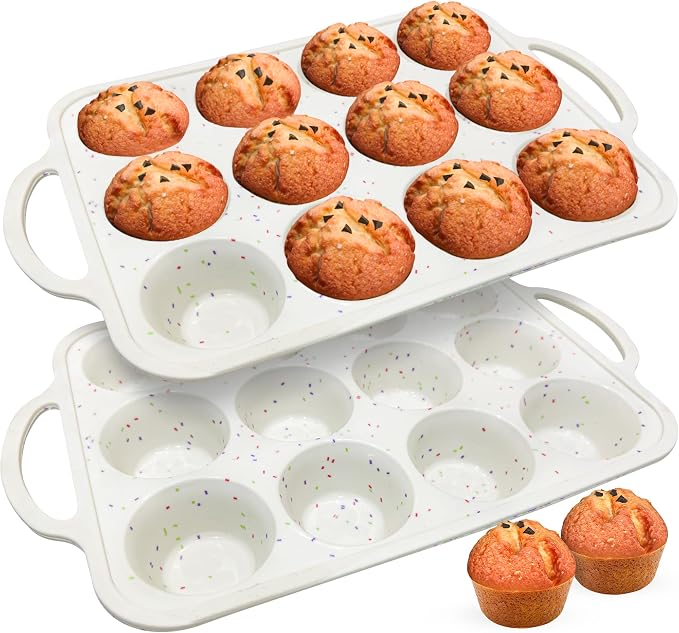 RICCLE Silicone Muffin Pans for Baking with Metal Reinforced Frame, 12-Cup Cupcake Pan, 2 Pcs Muffin Trays for Cupcake Baking, Tray Molds, Oven & Dishwasher Safe, BPA-Free (2 x Standard)