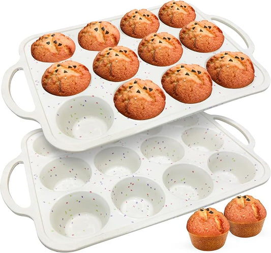 RICCLE Silicone Muffin Pans for Baking with Metal Reinforced Frame, 12-Cup Cupcake Pan, 2 Pcs Muffin Trays for Cupcake Baking, Tray Molds, Oven & Dishwasher Safe, BPA-Free (2 x Standard)