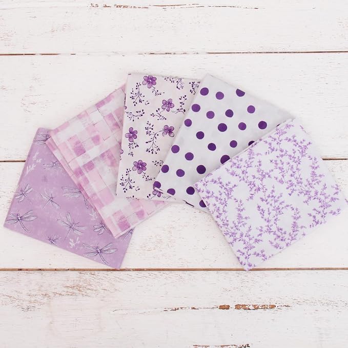 Threadart Exclusive 5 Fat Quarter Bundles - White and Purple Vintage Prints 100% Cotton Fabric - Premium 100% Cotton Quilting Fabric - No Duplicates - Full Size Fat Quarters 18"x21" - White and Purple