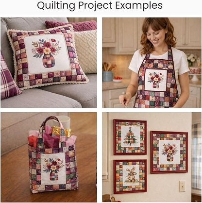 Cotton Satin Fabric Panel with Floral Patchwork Designs – 6 Printed Panels 10×10 in, Continuous Uncut Fabric Sheet 29.5×19.7 in, 100% Cotton for Quilting, Sewing & DIY
