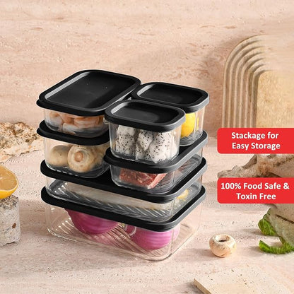 EATEX Grooved Base Glass Meal Prep Containers, 7 Pack Glass Food Storage Containers with Lids for Meal Prep & Lunch, Microwave Oven Freezer Dishwasher Safe, Anti Moisture Non-Stick Design - Black