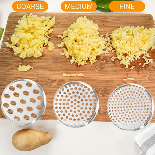 Potato Ricer 15oz, Heavy Duty Stainless Steel Potato Masher with 3 Interchangeable Discs, Large Masher and Ricer Kitchen Tool for Mashed Potatoes, Spaetzle Noodle Maker, Potato Press