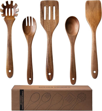 5-Piece Kitchen & Cooking Utensils Set - Natural Acacia Wood Material Includes Salad Spoons, Spaghetti Spoon, Salad Fork, Flat Spatula,Slotted Spatula- Essential Wooden Utensil Set for Cooking