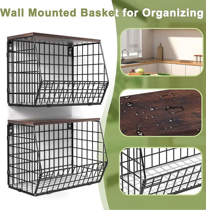 Wawocs Fruit Basket for Kitchen Counter 2 Tier Fruit Bowl, Stackable Wall Mounted Hanging Fruit Basket Wire Baskets with Wood Lid with 4 Banana Hanger Hooks, Onion Basket, Fruit and Vegetable Storage