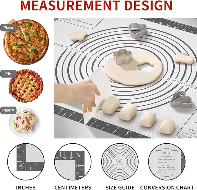 Silicone Baking Mat with Measurement, Non Stick Siliocne Pastrty Mat for Dough Rolling, Making Cookies, Macarons, Bread, Cake and Candy Reusable Fondant Mat Baking Supplies
