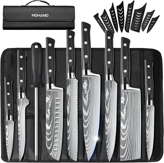 MDHAND Chef Knife Set with Roll Bag, 9PCS Professional Knife Set with Sharpener, High Carbon Stainless Steel Japanese Kitchen Knife Set - Forged Triple Rivet Handle, Dishwasher Safe, Chef Gifts, Black