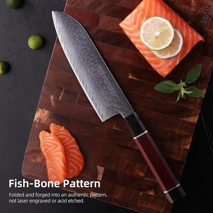 FINDKING 7 Inch Santoku Chef Knife, AUS-10 Damascus Steel Blade, Versatile Asian Knife for Effortless Slicing and Dicing, Comfortable Wooden Grip, Ideal for Vegetable Prep (Samurai Series)