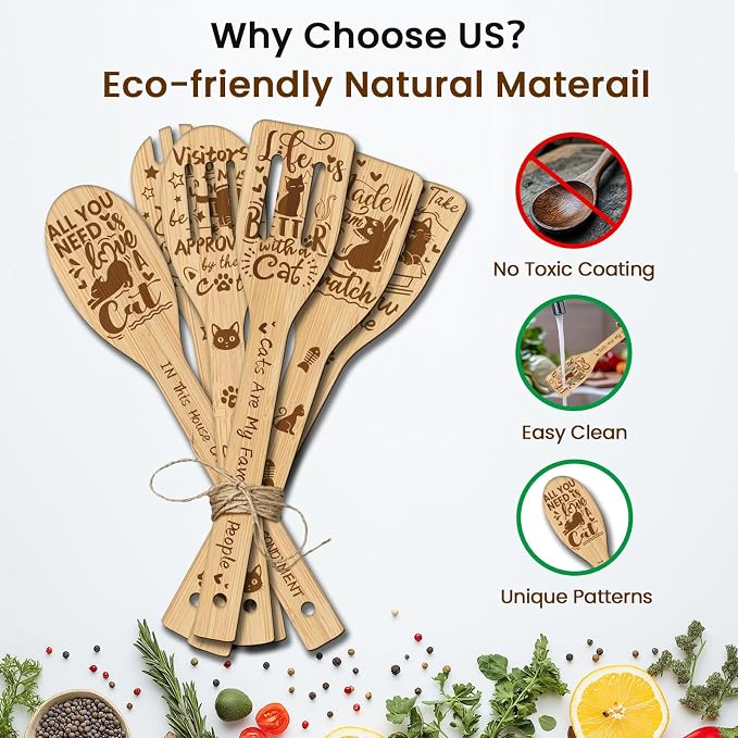 CUTHOLLOW 6PCS Cartoon Cats Wooden Kitchen Cooking Utensil Set, 11.9in Non Toxic Bamboo Wood Spoon Set for Cooking, Best Housewarming Birthday Thanksgiving Christmas Gift for Women Mother
