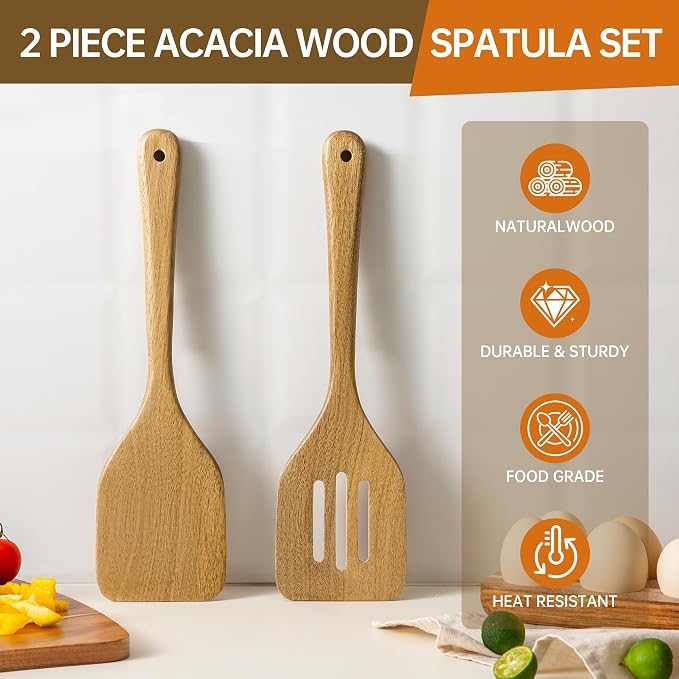 Wooden Utensil Set 2 Pcs - Natural Non-Toxic Acacia Wooden Spoons for Cooking, Nonstick, Sturdy, Easy to Clean, Wood Kitchen Utensils Set, Ideal for Gifting