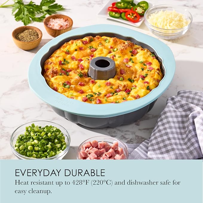 Chicago Metallic Silicone Fluted Cake Pan, 10 Inch Nonstick Bundt Cake Mold, Blue, Wire-Reinforced Rim, Oven Safe to 428F, Flexible Food-Grade Silicone Bakeware