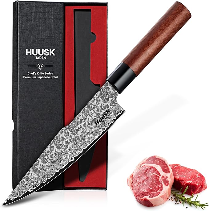 Huusk Japanese Chef Knife 7-Inch - Hand Forged Butcher Knife for Meat Cutting, VG10 Damascus Gyuto Chef Knives with Rosewood Handle, Meat Cleaver Boning Knife for Kitchen Cooking, Gifts for Men