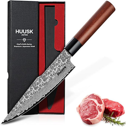 Huusk Japanese Chef Knife 7-Inch - Hand Forged Butcher Knife for Meat Cutting, VG10 Damascus Gyuto Chef Knives with Rosewood Handle, Meat Cleaver Boning Knife for Kitchen Cooking, Gifts for Men