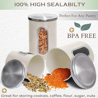 Moss & Stone 3-Piece Beige Canisters Sets For The Kitchen, Airtight Canister Set With See Through Window, Storage Jars for Coffee Container, Tea Organizer & Sugar Canister, Beige Kitchen Canisters