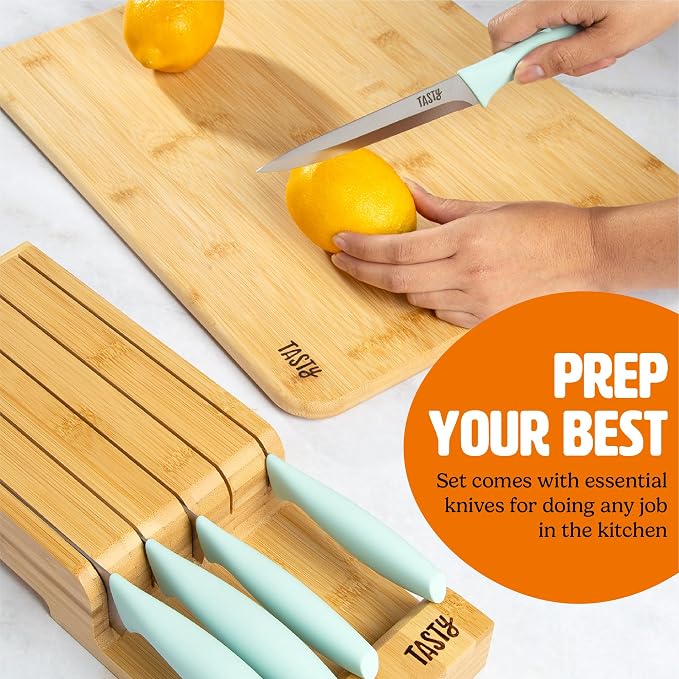 Tasty In-Drawer Kitchen Knife Set, Space-Saving Cutlery and Kitchen Organizer, Includes Chef, Bread, Santoku, Utility and Paring Knives, 6-Piece, Aqua