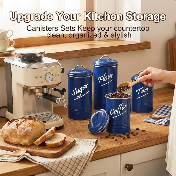 Hillbond Kitchen Canister Set of 4, Airtight Stainless Steel Food Storage Containers with Lids, Flour Sugar Coffee Tea Canisters for Countertop, Metal Kitchen Storage Jars, Navy Blue