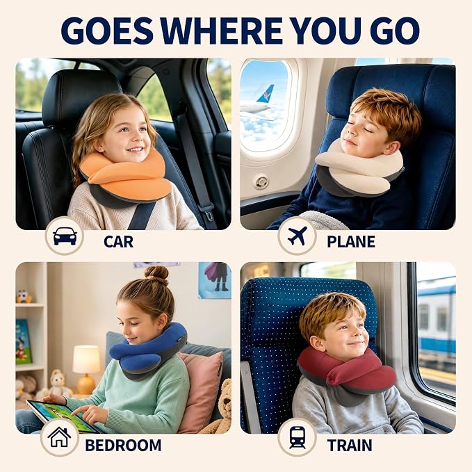 BUYUE Kids Travel Pillows for Airplane, Memory Foam 360° Head Support Sleeping Essentials for Long Flight, Skin-Friendly Soft Neck Pillow for Traveling in Car Seat, (Small, Green Grey, 40-90 lbs)
