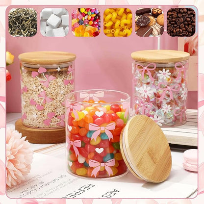 JarThenaAMCS 3 Pcs Pink Bow Glass Storage Jars with Airtight Lid Cute Bow Cherry Floral Decorative Canisters Sets for Valentine's Day Home Kitchen Countertop