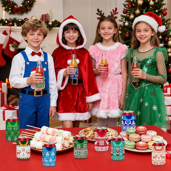 18 pack Christmas Can Cooler Sleeves Beer Drink Sweater Style Can Bottle Cooler Sleeves Collapsible for Christmas Holiday Party Decorations Supplies Favors