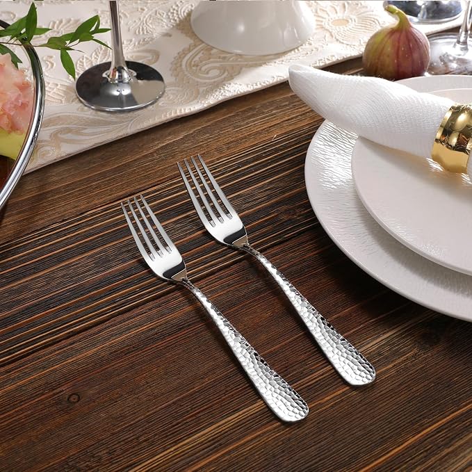 KEAWELL Premium 4-Piece Louise Hammered Fork Set, 18/10 Stainless Steel, Fine Fork Set with Round Edge, Brightly-Mirror polished, Dishwasher Safe. (4, 8" Dinner Forks)