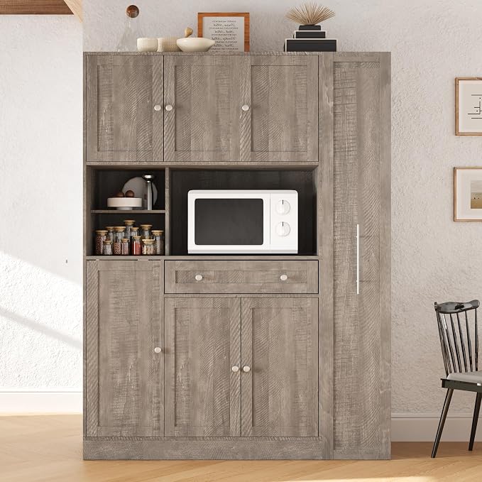VilroCaz Farmhouse Style Large Kitchen Pantry with Hutch, Freestanding Wood Storage Cabinet Cupboard with Pull-Out Side Cabinet, Door Shelves and Drawer (Brown-6.10)
