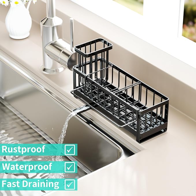 HapiRm Sponge Holder for Kitchen Sink - Self-draining Sink Caddy with Brush and Dishcloth Holder, Stainless Steel Sponge Caddy for Countertop - Black(Large)