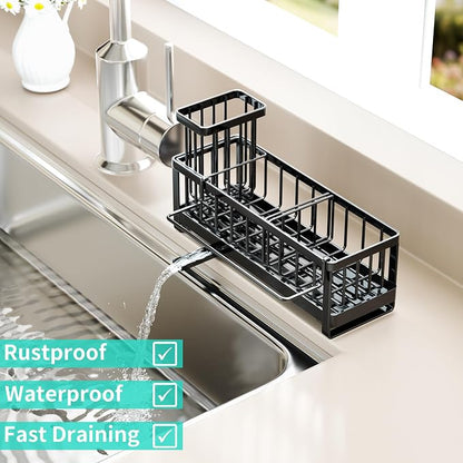 HapiRm Sponge Holder for Kitchen Sink - Self-draining Sink Caddy with Brush and Dishcloth Holder, Stainless Steel Sponge Caddy for Countertop - Black(Large)