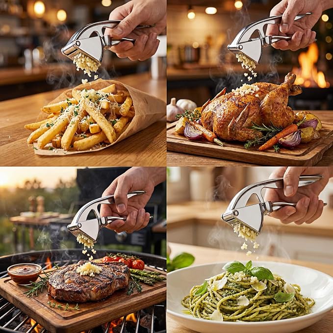 Garlic Press, Zinc Alloy Garlic Ginger Crusher & Mincer Tool Heavy Duty Garlic Mincer & Grinder with Large Chamber Multiple Studs Dishwasher Safe Ergonomic Handle Easy Squeeze Kitchen Essential