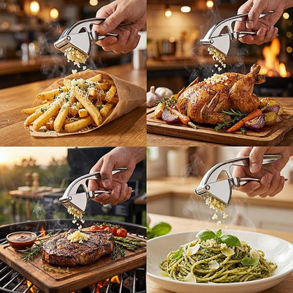 Garlic Press, Zinc Alloy Garlic Ginger Crusher & Mincer Tool Heavy Duty Garlic Mincer & Grinder with Large Chamber Multiple Studs Dishwasher Safe Ergonomic Handle Easy Squeeze Kitchen Essential