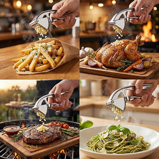 Garlic Press, Zinc Alloy Garlic Ginger Crusher & Mincer Tool Heavy Duty Garlic Mincer & Grinder with Large Chamber Multiple Studs Dishwasher Safe Ergonomic Handle Easy Squeeze Kitchen Essential